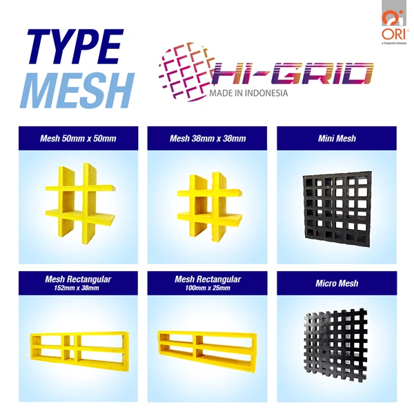 FRP Molded Grating - HI-Grid - Mesh Size: 38x38mm; Panel Size Available: 1000x4000mm; 